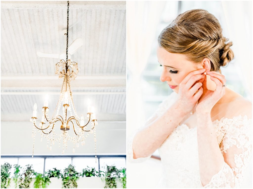 primp and proper salon vancouver wedding bride putting on earrings and salon chandelier details