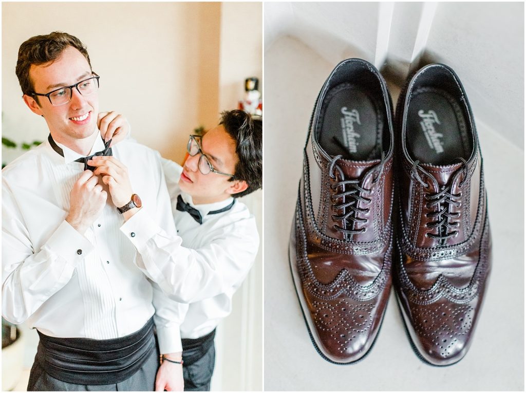 burnaby vancouver wedding groom putting tie on groomsman and groom's shoes
