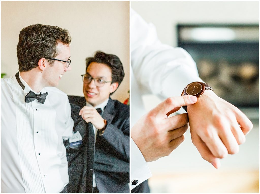 burnaby vancouver wedding groom putting on groomsman jacket and checking his watch