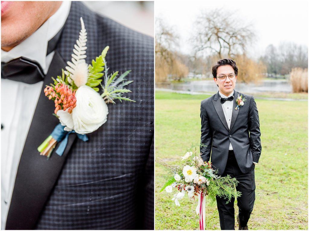 burnaby vancouver wedding groom walking holding bouquet and boutonniere detail