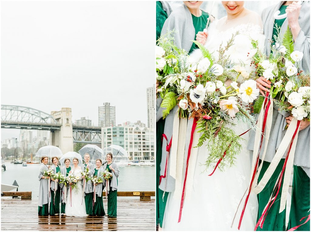 burnaby vancouver wedding bride and bridesmaids talking at Granville Island and bouquet detail photo
