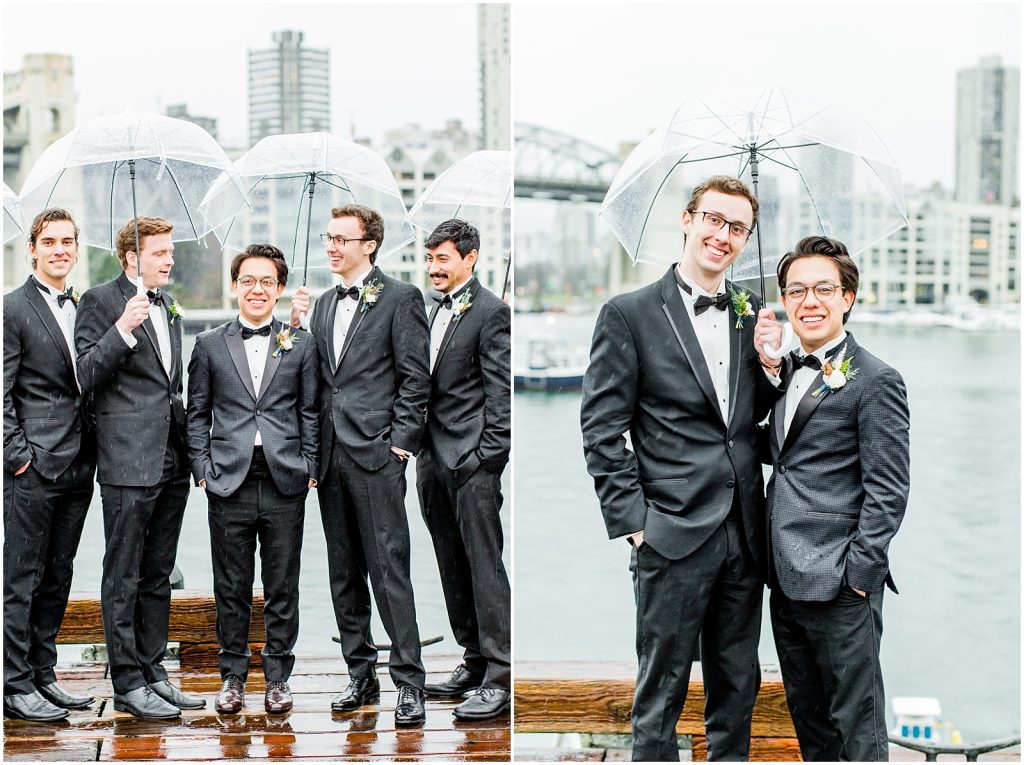 Groom and Groomsmen laughing and Groom and Best Man at Granville Island