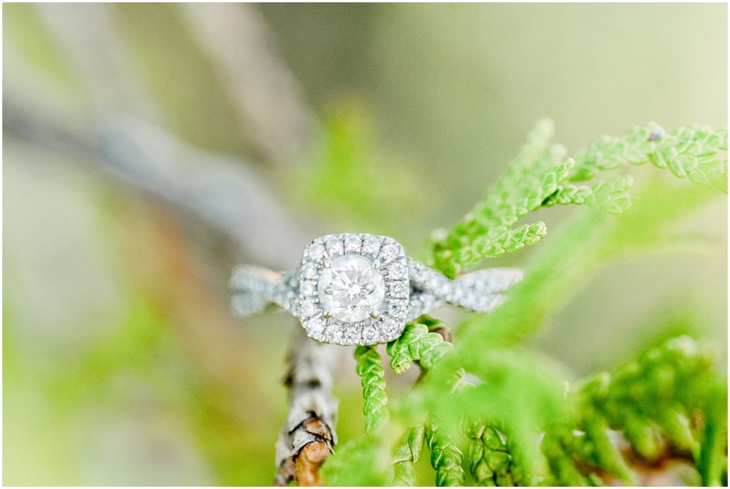 Burgessville Countryside Engagement Session ring detail in greenery
