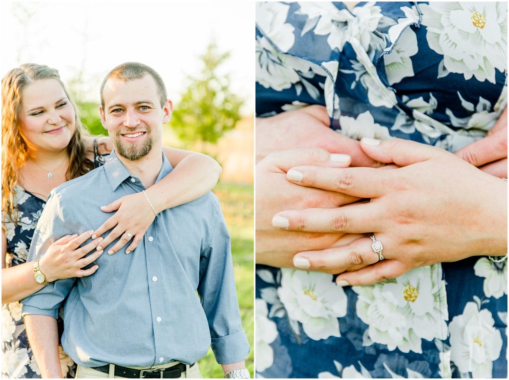 Burgessville Countryside Engagement Session Couple hugging and ring detail