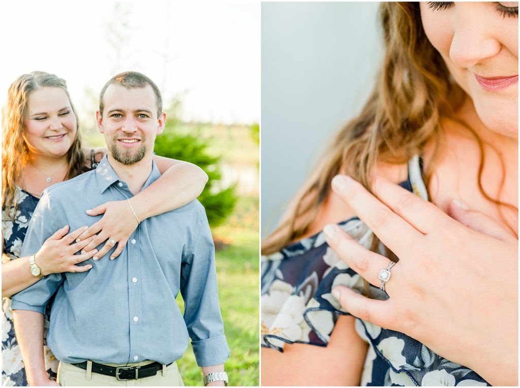 Burgessville Countryside Engagement Session Couple laughing and ring detail on finger