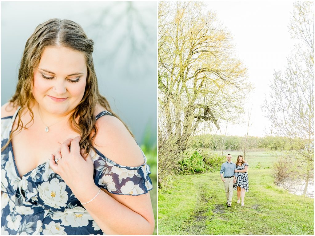 Burgessville Countryside Engagement Session Couple walking and ring detail on bride