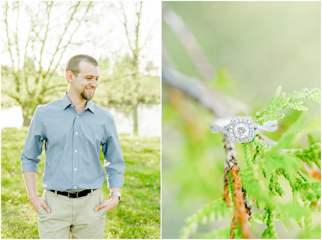 Burgessville Countryside Engagement Session groom walking and ring detail