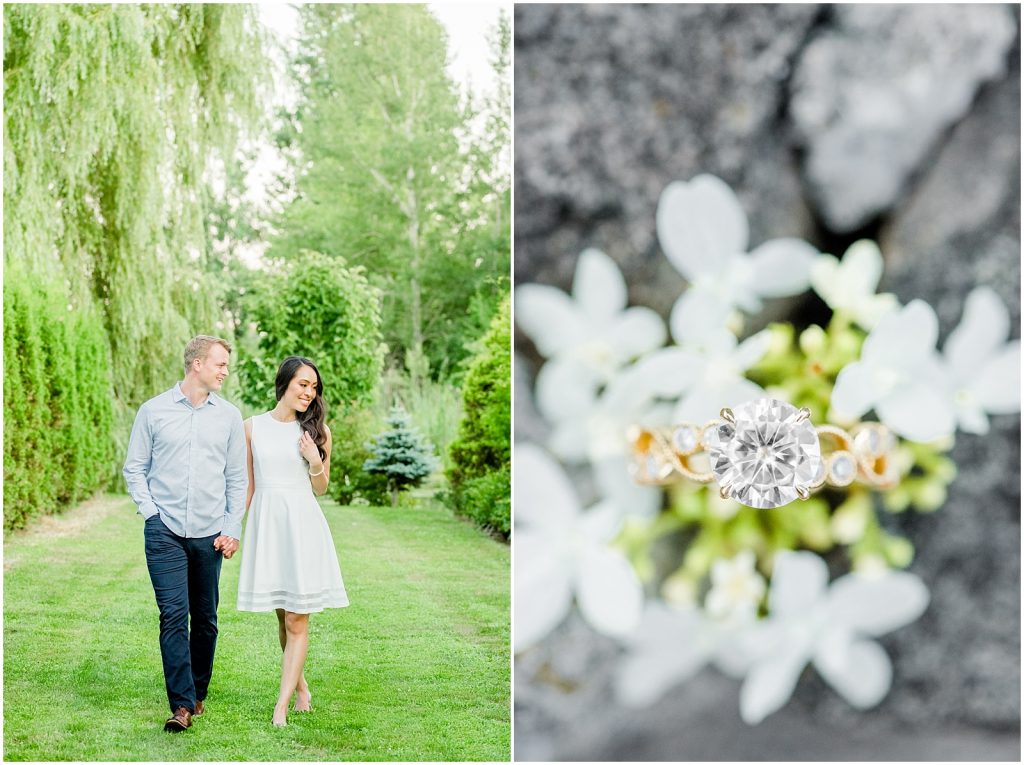 Whistling Gardens romantic engagement session couple standing under birch tree and ring detail