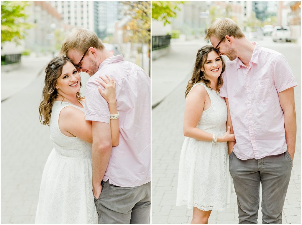 Toronto City Engagement Session couple hugging and walking