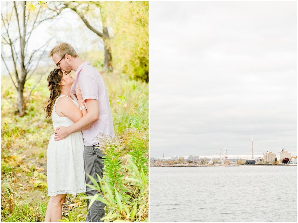 Toronto Island Engagement Session couple hugging and harbour view