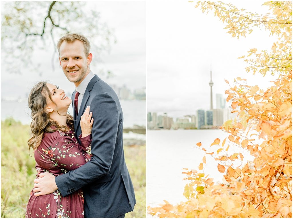 Toronto Island Engagement Session couple hugging and cityscape