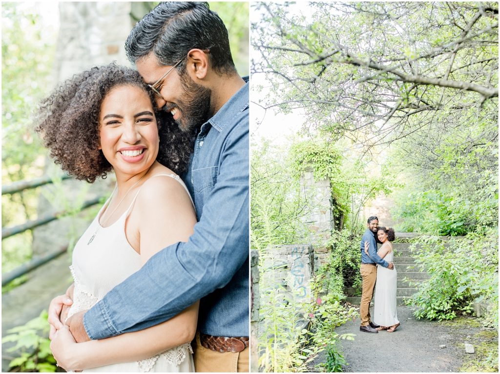 Sam Lawrence Park Hamilton Engagement Session couple snuggling on overgrown trail