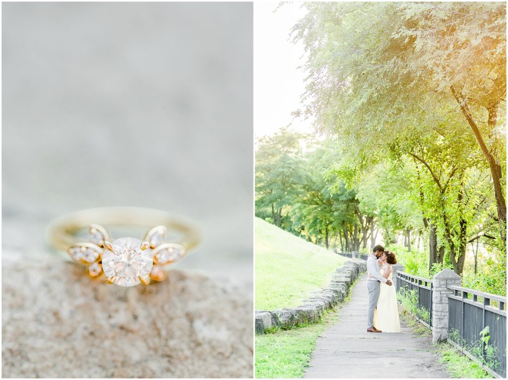 Sam Lawrence Park Hamilton Engagement Session ring detail photo and couple snuggling on pathway under beautiful trees with golden haze coming in