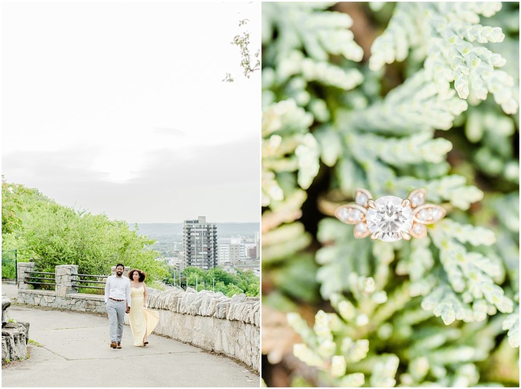 Sam Lawrence Park Hamilton Engagement Session couple walking on pathway with city views and ring detail